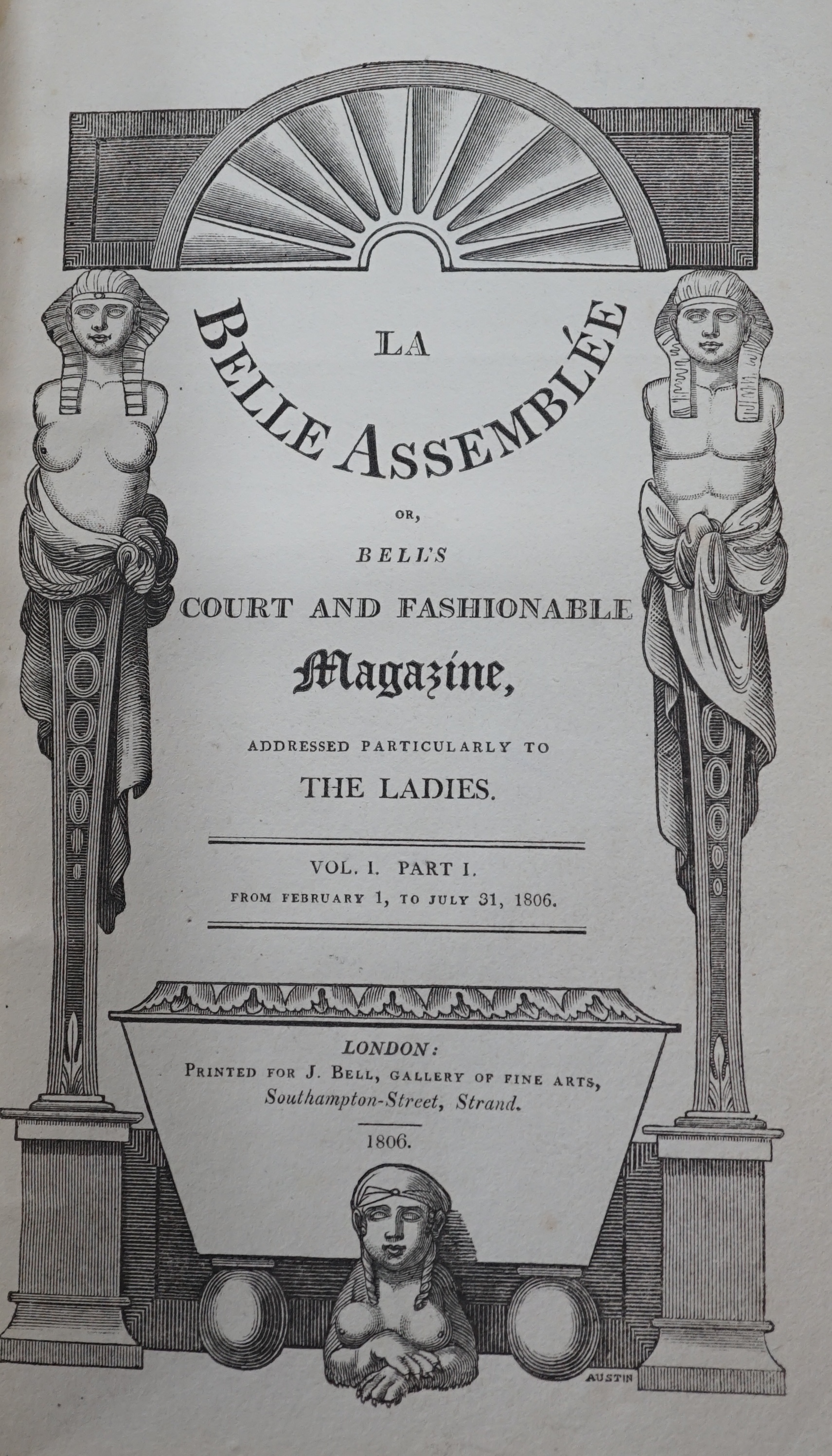 A quantity of assorted books including La Belle Assemblée Vol.I PT.I and PT.II and Ruskin Stones of Venice Vols I, II and III